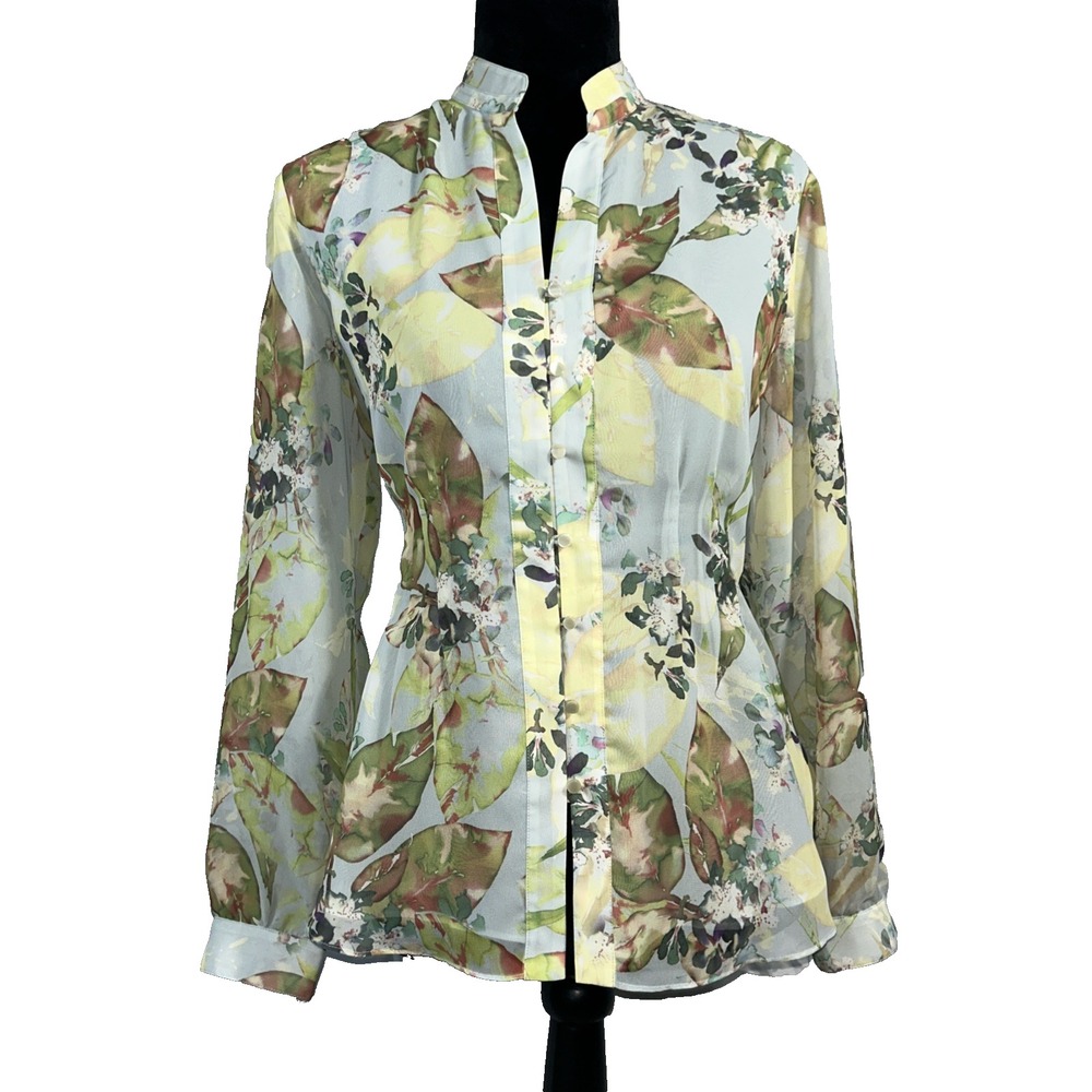 Coldwater Creek Blouse PM 10/12 Pastel Blue Green Floral Button Front Long Sl